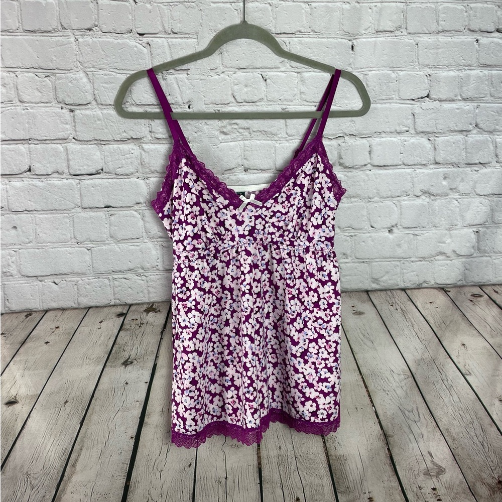 Laura Ashley Babydoll Top Y2K Floral Purple Lace Fairy Slinky Size Large LKNW